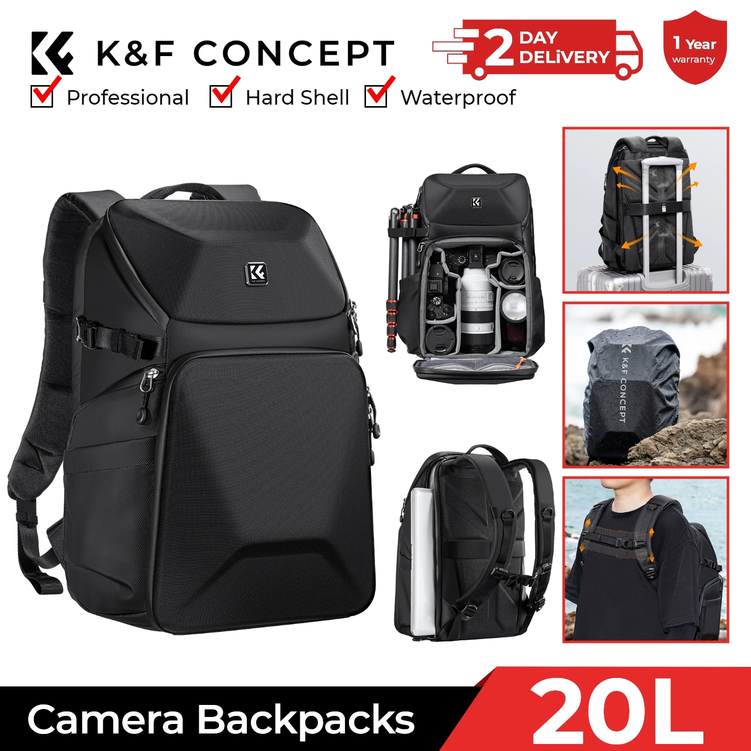 Laptop Backpack 15.6 - K&F CONCEPT 20L Kamera Sırt Çantası